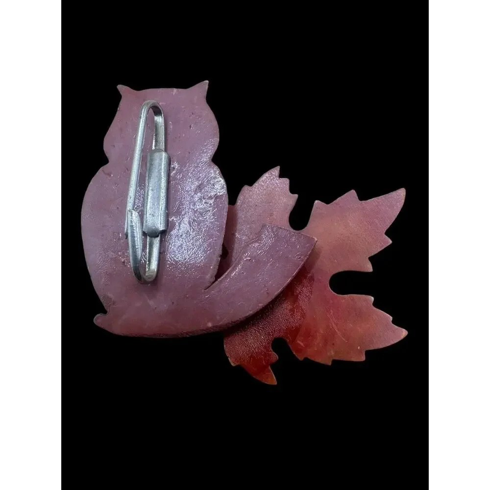 Vintage 1940s Celluloid Owl Pin Layered 3D Brooch‎ Quirky Jewelry Autumn Leaf
